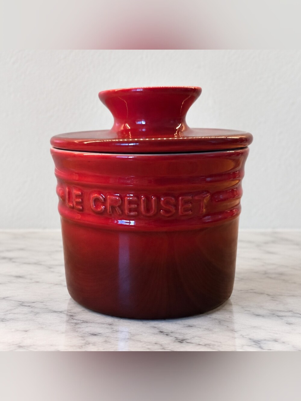 Le Creuset Cerise Red Stoneware Butter Bell French Butter Crock Keeper w Lid